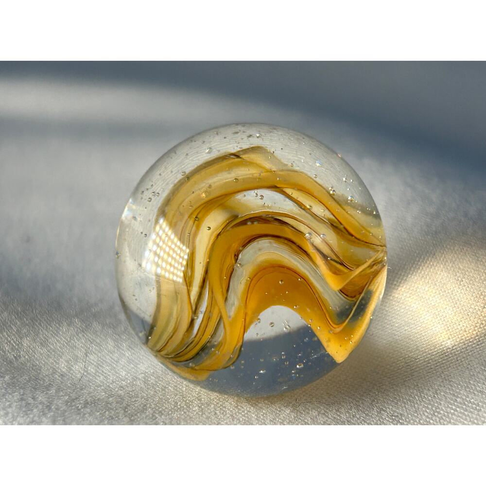 Handmade Art Glass Marble Yellow Ribbon Swirl Clear Base 0.95 Inch - Picture 4 of 5